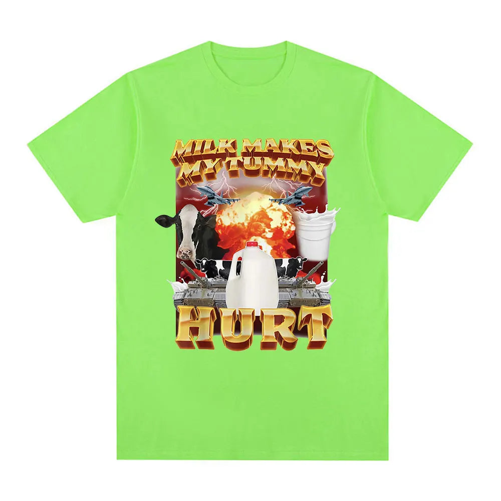 Milk Makes My Tummy Hurt T-shirt Lactose Tolerant Funny Meme Graphic T Shirt Men Fashion Vintage Hip Hop Short Sleeve T-shirts