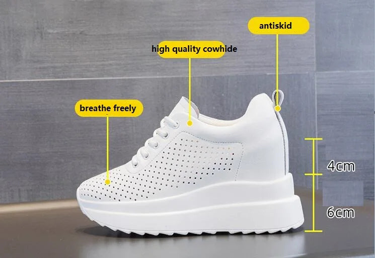 10cm Genuine Leather Women Vulcanize Women Summer Hidden High Heels Platform Wedge Spring Autumn Chunky Sneakers Shoes