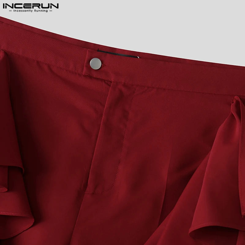 INCERUN 2025 American Style Trousers Fashion New Men Double-layer Flounce Pants Male Casual Solid Color Wide Leg Pantalons S-5XL