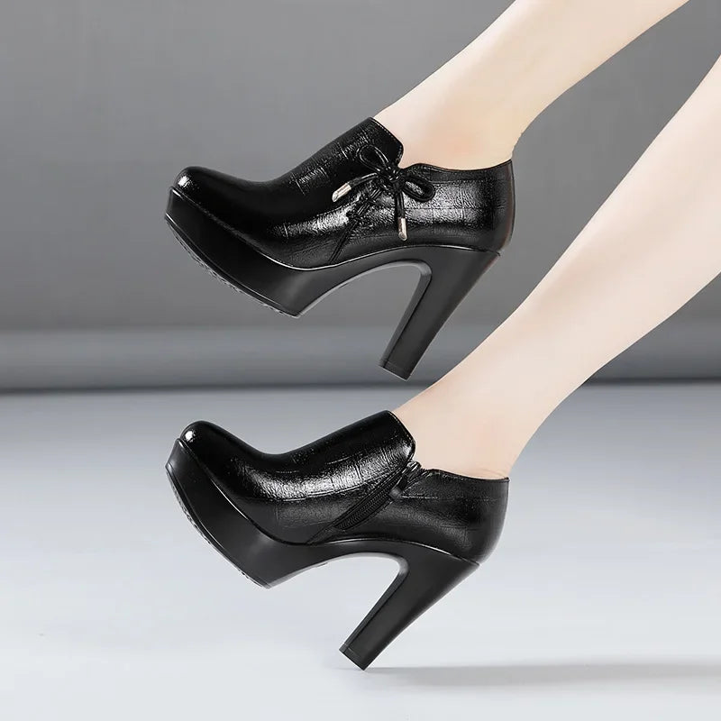 10cm Small Size 32-43 Elegant Black Bow Deep Mouth Thick Bottom Platform Pumps 2026 Winter Block High Heels Shoes Office Model