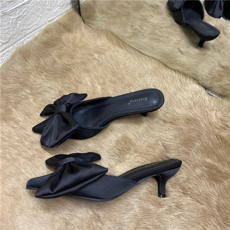 2024 Spring Pointed Toe Stiletto Heel Kitten Heels Bow Heel-Free Slippers for Women