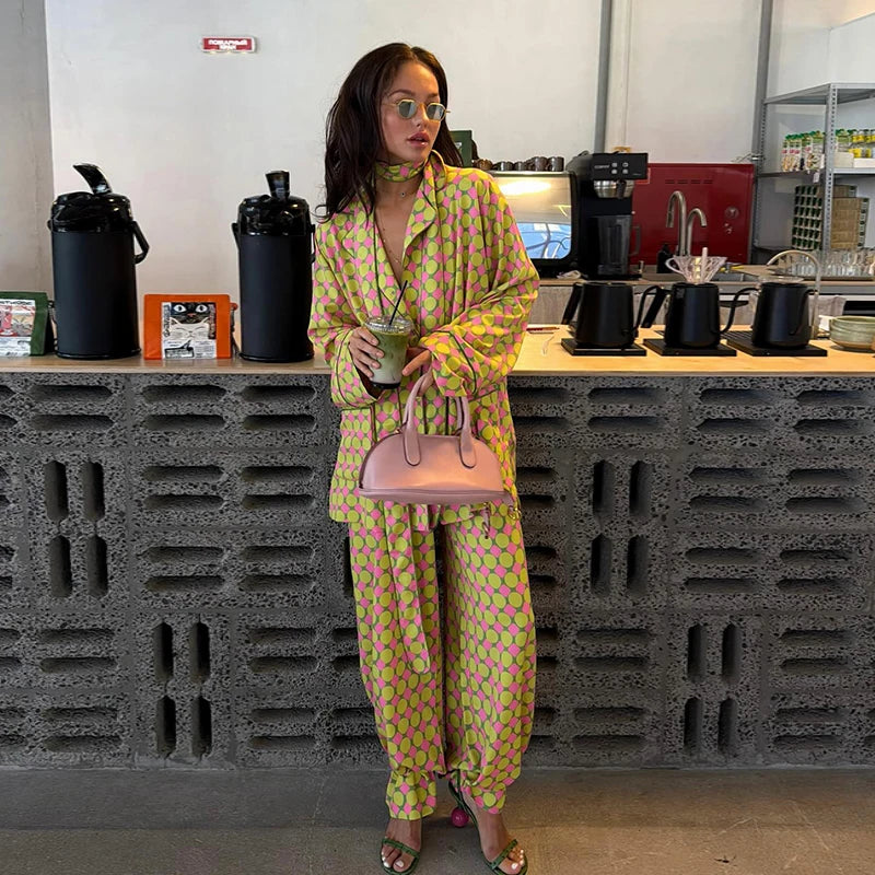 Casual Plaid Women's Blazer Pant Suits Scarf Collar Long Sleeve Button Shirt Pleated Wide Leg Trousers 2026 Summer Female Set