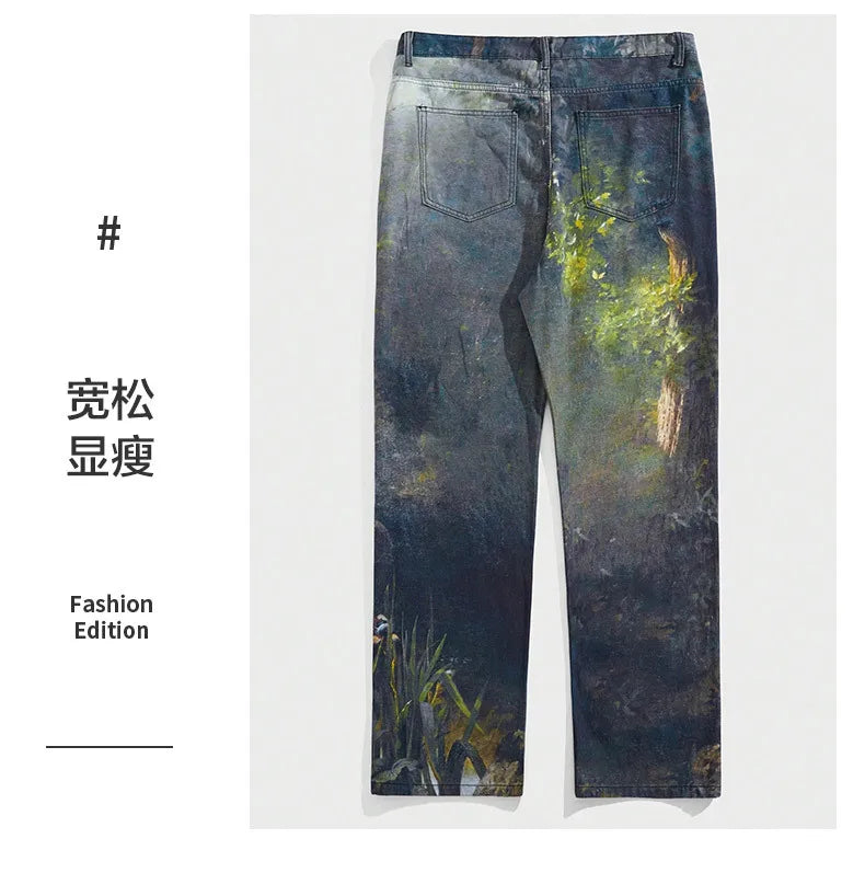 European and American Street Men's Fashionable 3D Digital Pattern Printed, Ink-splashed and Tie-dyed Straight-leg Jeans.