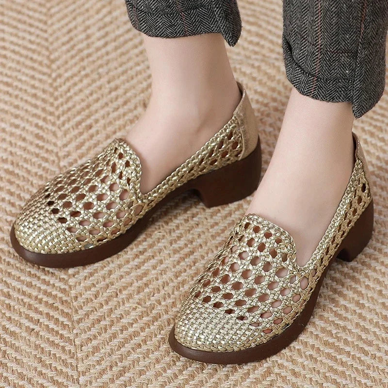 Summer Hollow Woven Breathable Shoes Women Sandals Big Size Thick Heels Genuine Leather Shoes Summer Casual Sandals