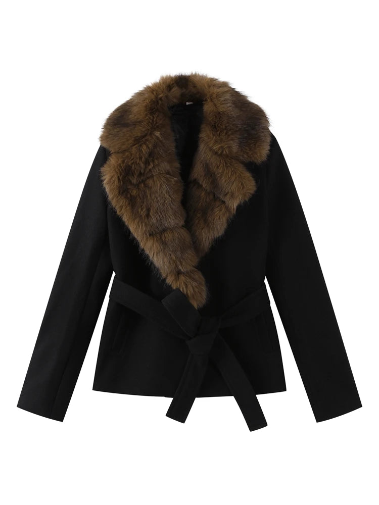 Faux Fur Collar Lace Up Woolen Overcoat Women Elegant Full Sleeve Waist Cinching Autumn Winter Bomber Coats Chic Lady Outerwears