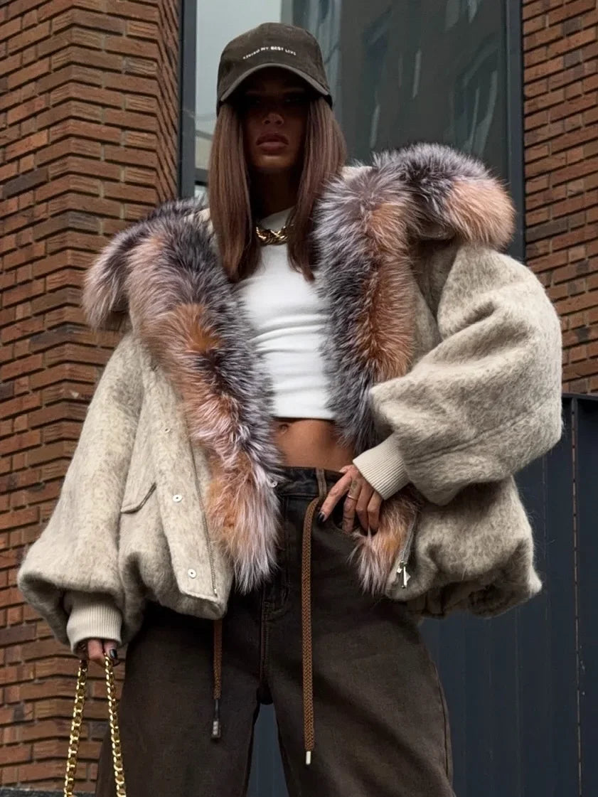 Chic Faux Fur Collar Patchwork Woolen Coat Women Casual Lapel Full Sleeve Zipper Loose Warm Coats Lady Commute Office Outerwears