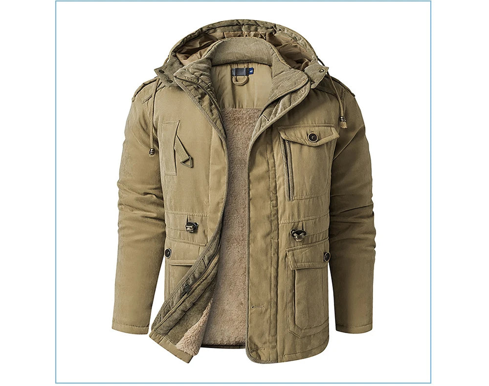 Winter Mens Fleece Warm Jackets Fashion Men Thicken Thermal Tactical Hooded Coats Men Outdoor Multi-pocket Windbreaker Jacket