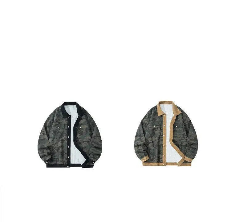 Men's Camouflage Denim Jacket Autumn Washed Turn down Collar Single-Breasted Long Sleeve Loose Fit Vintage Workwear Street Style