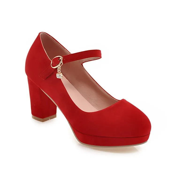 Women Pumps Ankle Strap Red Bridal Wedding Party Platform Dress High Heel Shoes Suede Ladies Black Office Shoes 32-43