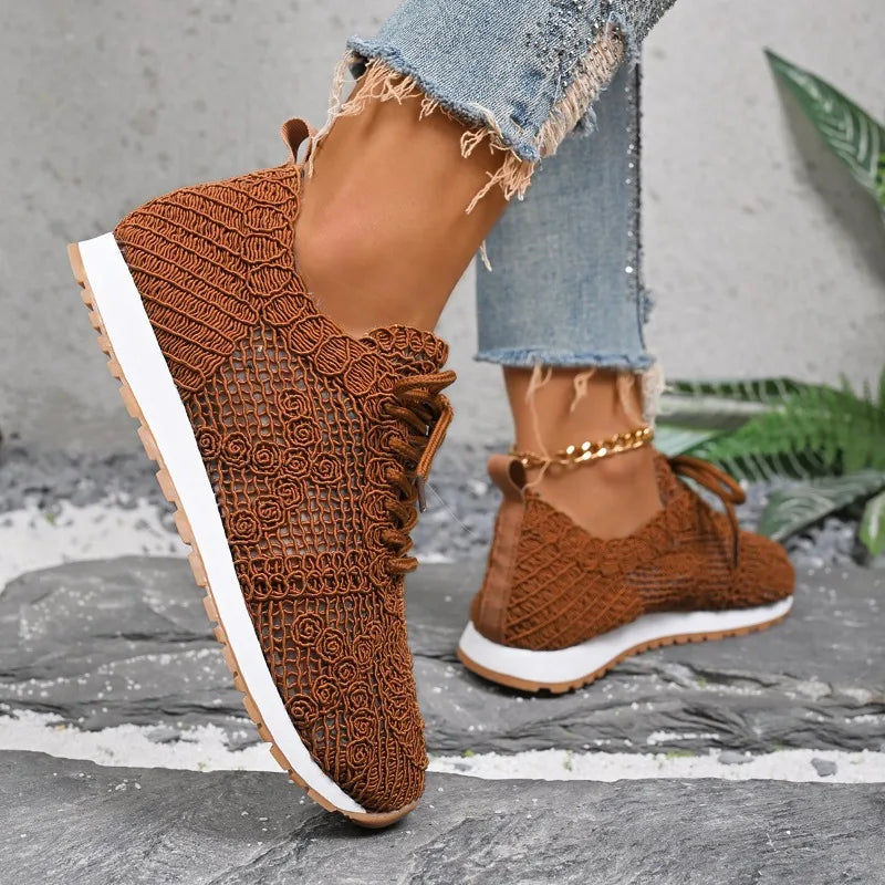 2026 Brown Knit Breathable Womens Sneakers Shoes New Platform Flats Woman Plus Size 43 Non Slip Casual Shoes Mesh Tenis De Mujer