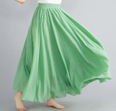 New 2020 Women Linen Cotton Long Elastic Waist Pleated Maxi Skirt Beach Vintage