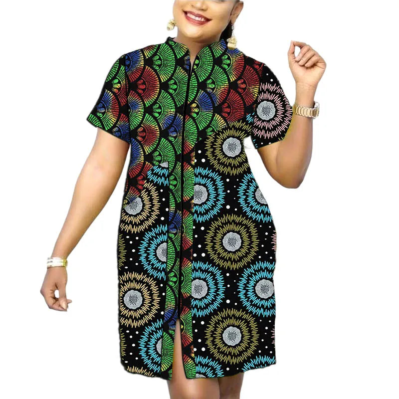 Original Design African Print Women’s Dress Stand Collar Frock Tailored Traditional Party Wear Retro Patchwork Designs