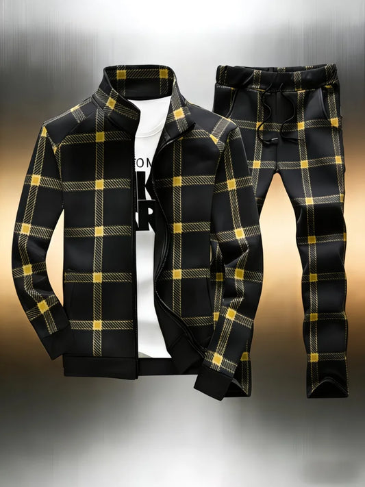 Men's Plaid Tracksuit 2 Piece Set Office Man Stand Collar Full Zip Jacket + Jogger Pants Casual Sportswear Outfit Male Clothings