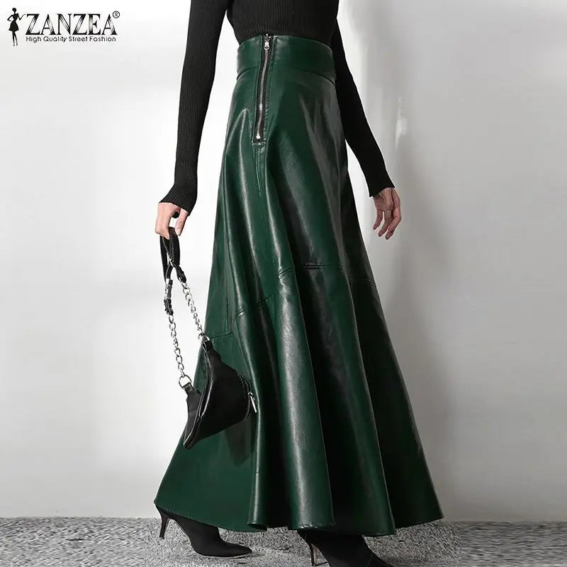 ZANZEA Women's PU Leather Maxi Skirt 2025 Autumn Elegant OL Long Saias Fashion Solid Mujer Faldas Casual High Waist Zipper Jupe