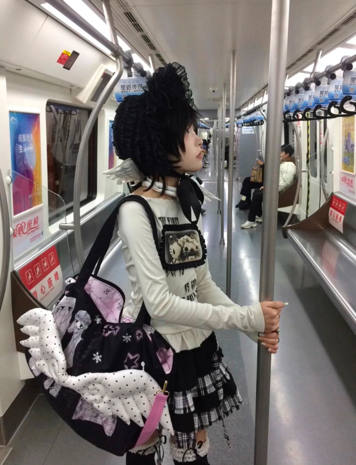 Karrram Japanese Y2k Anime Print T-shirt Trashy 2000s Style Long Sleeve T Shirt Vintage Harajuku Lace Patchwork Tops Grunge 90s