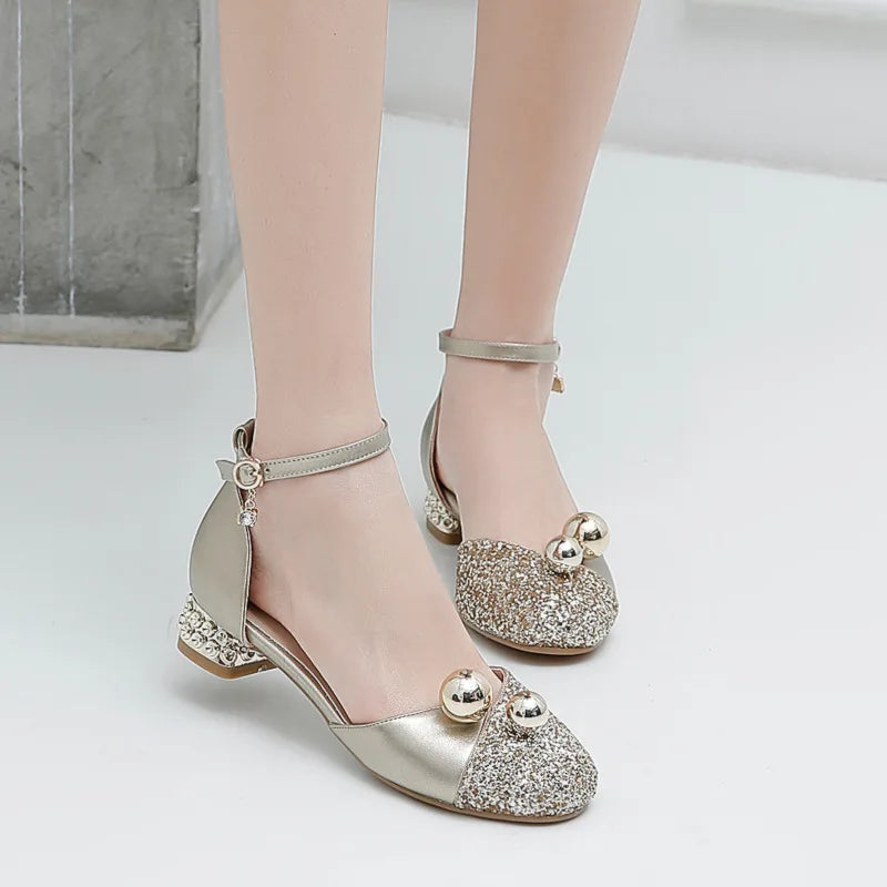 Princess Kids Leather Shoes Girls Sandal Sweet Pearl Casual Glitter Children High Heels Girls Party Dance Shoes Pink Gold Silver