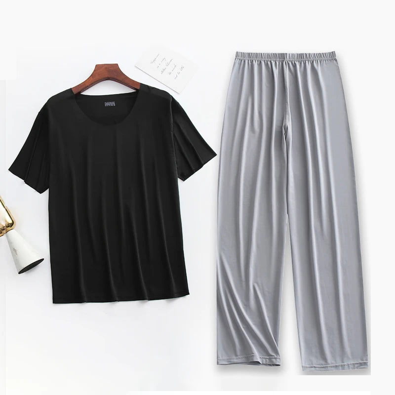 2Pcs/set Mens Ice Silk Short Sleeves T-Shirt & Long Pants Cool Thin Sleepwear Male Summer Pyjamas Home Clothing Nightwear Suit