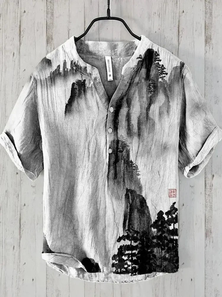 2025 New men's Linen short-sleeved Shirt Fashion Casual Printed Tops European And American Popular Style men's Clothing