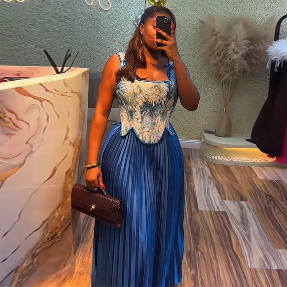 Women's Dresses Sets Floral Print Corset Top High Waist Pleated Long Maxi Skirts Suit 2025 Party Evening 2 Two Piece Set Outfit