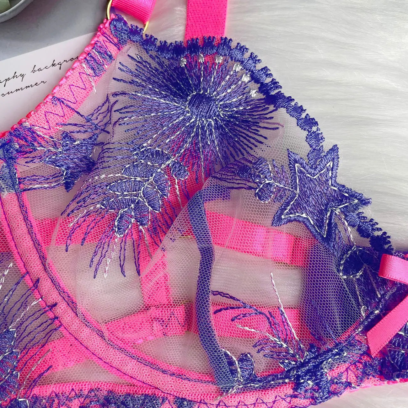 Women's Sexy Lingerie Set Pink Sheer Lace Underwear Set Floral Embroidery Garter Belt Fairy Outfit Sensual See-Through 3-Piece