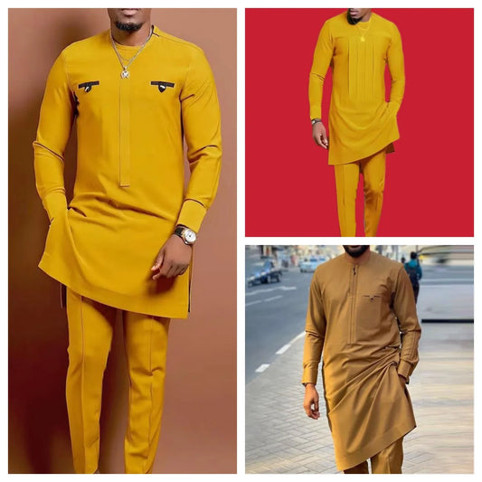 African Traditional Man Outfit Men 2PCS Suits Long-sleeved Round Neck Male Sets Shirt Top Pant Ethnic Style Casual Wear clothing