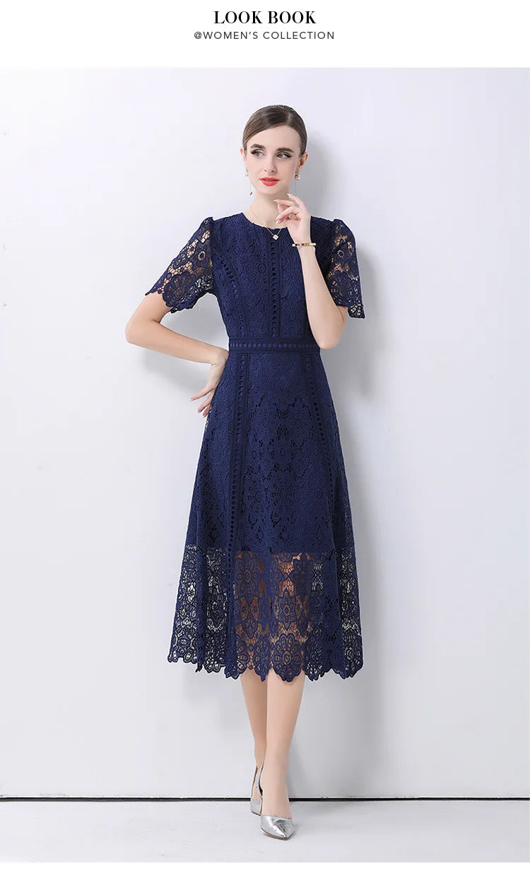SMTHMA Vintage High-End O-Neck Short Sleeve Lace Hollow Out Dress For Women's Summer Slim Elegant Long Dress Female Clothing