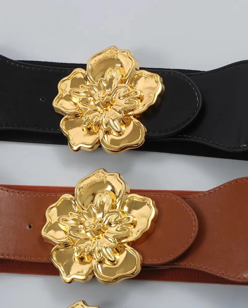 Women's Fashion Flower Buckle PU Leather Elastic  Corset Female Cummerbund Coat Waistband Dress Decration Wide Belt  J088 BAZAARHUBO