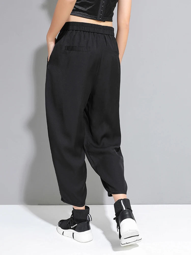 [EAM] High Elastic Waist Black Pleated Long Wide Leg Trousers New Loose Fit Pants Women Fashion Tide Spring Summer 2026 1U320