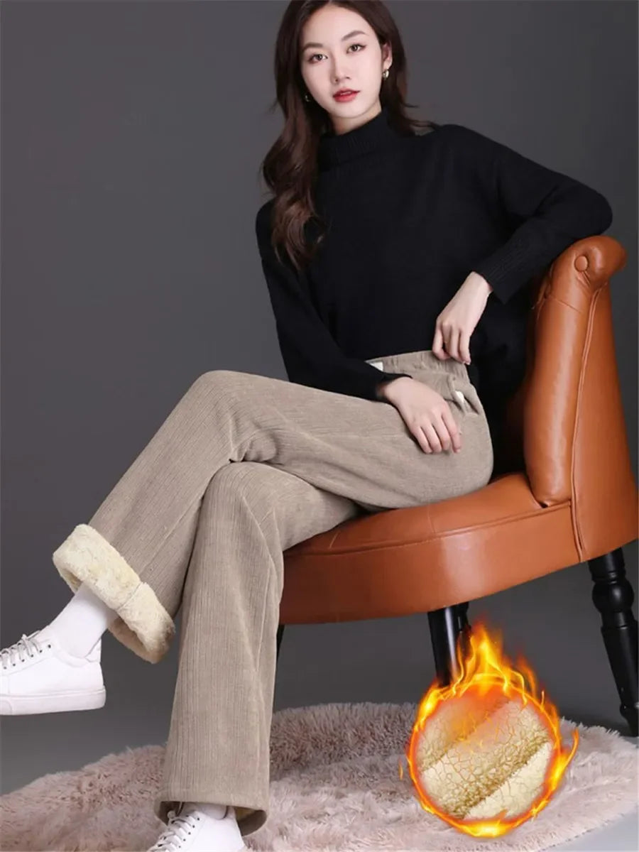 Thin/Thick Winter Lined Wide Leg Pants CasualThicken Warm Baggy Sweatpants Women HighWaist Korean Lamb Fluff Straight Pantalones