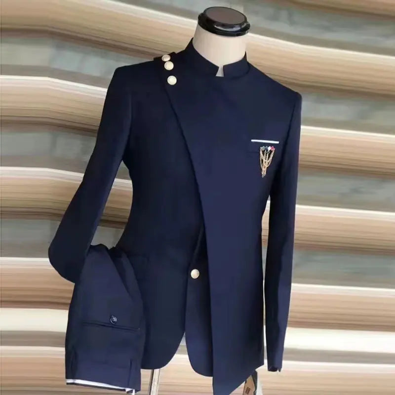 Men Blazer Suits 2 Piece Set Party Coat Straight Pants Ensemble Stand Collar Buttons Trousers Suit Jacket Outfits Autumn 2025