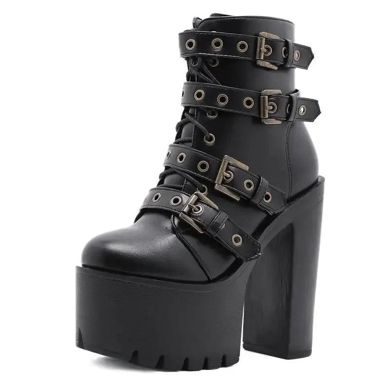 Zip Up Platform Ankle Boots High Heels Round Head Black Leather Goth Studded New Rock Combat Punk Women Shoes On Offer