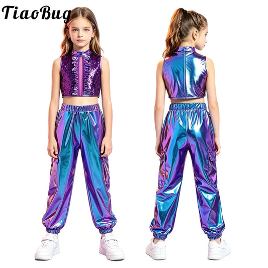 Kids Girls Disco Jazz Hip Hop Dance Outfit Sleeveless Shiny Sequin Ruffle Crop Top with Metallic Pants School Show Party Costume