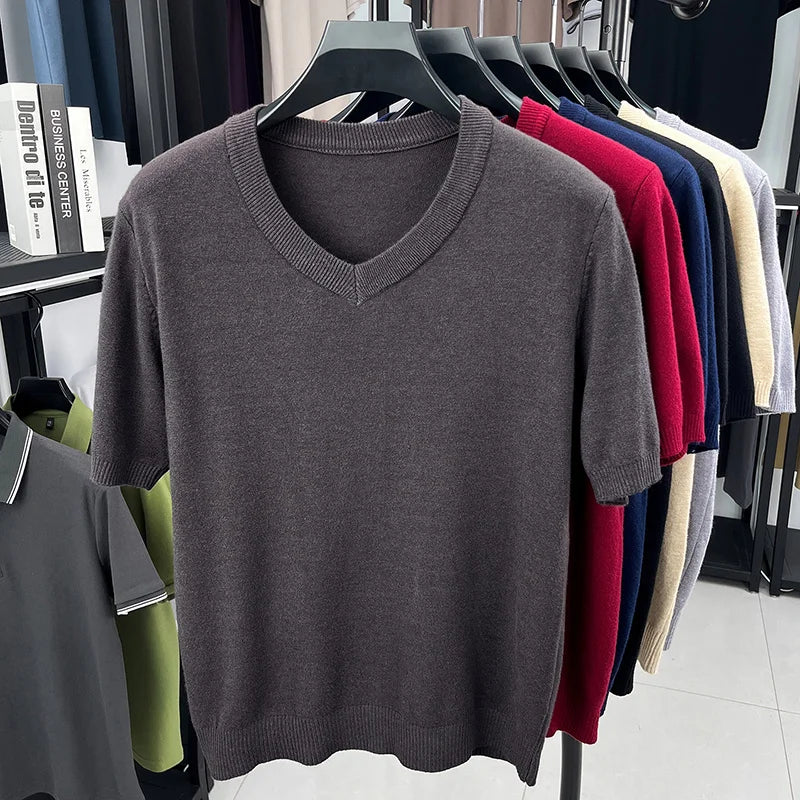 Mens V Neck Short Sleeve Wool Knit Pullover Soft Thin Knitwear For Business Office Daily Casual Spring Summer Basic Tops