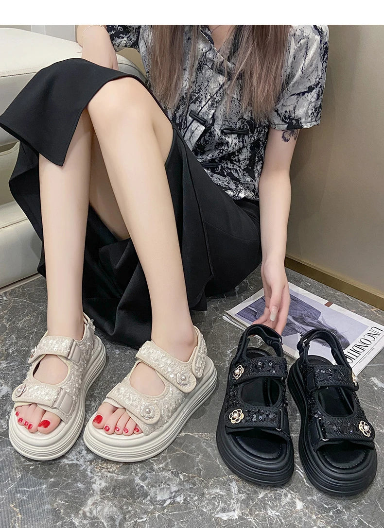 Women's Platform Sandals Handmade Leather Rubber Bottom Flat Sandals Metal Decorative Element Summer Casual Ladies Outdoor Shoes