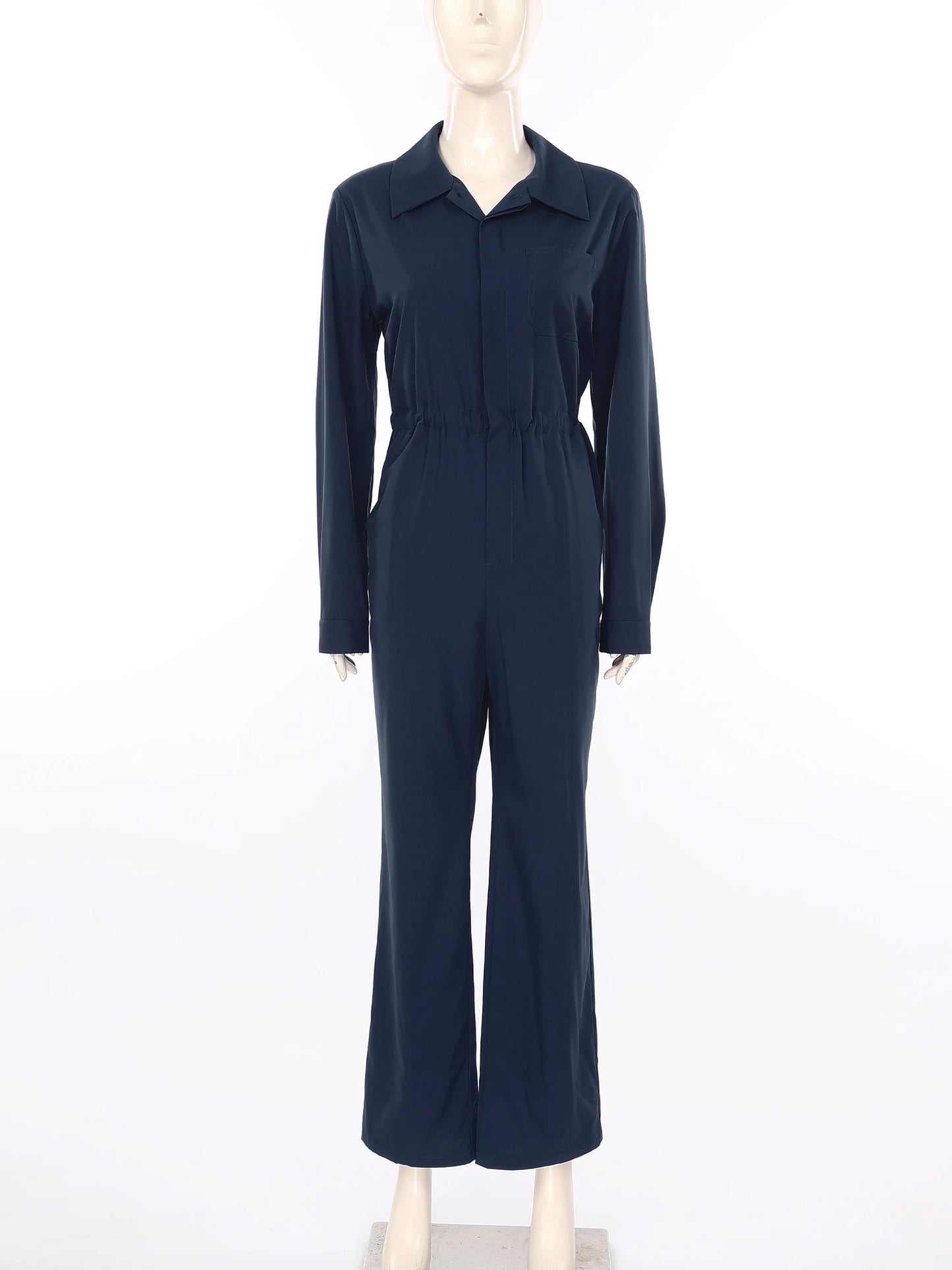Womens Coverall Solid Color Turn-Down Collar Long Sleeve Button Jumpsuit Mechanic Work Overalls Fashion Casual Cargo Rompers