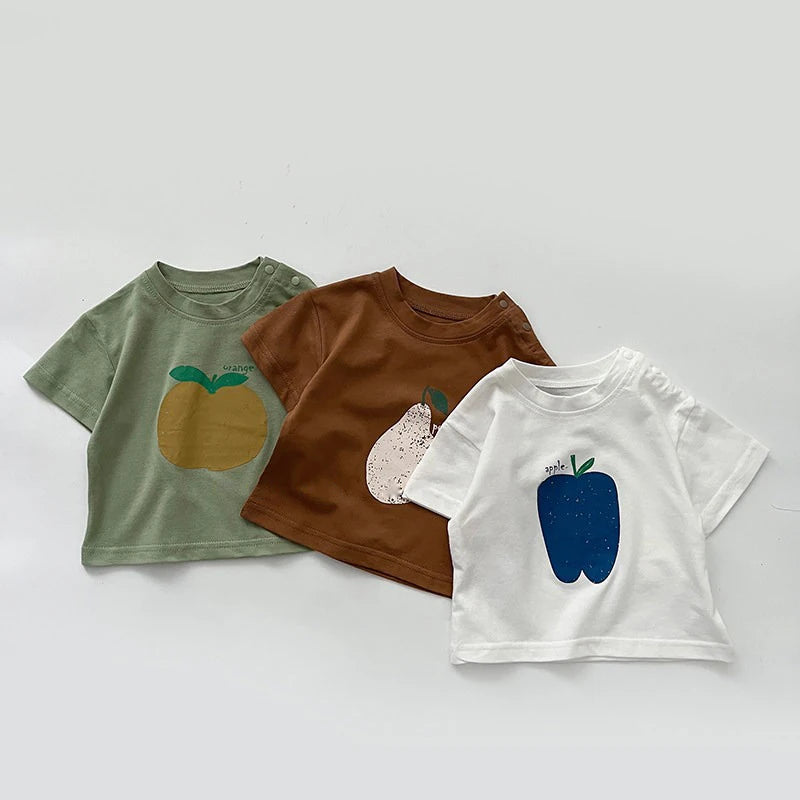 Fashion Baby Fruit Printed Short Sleeve Top Kids Girls Casual Cotton T-shirt Korean Boys' Round Neck Versatile Clothes