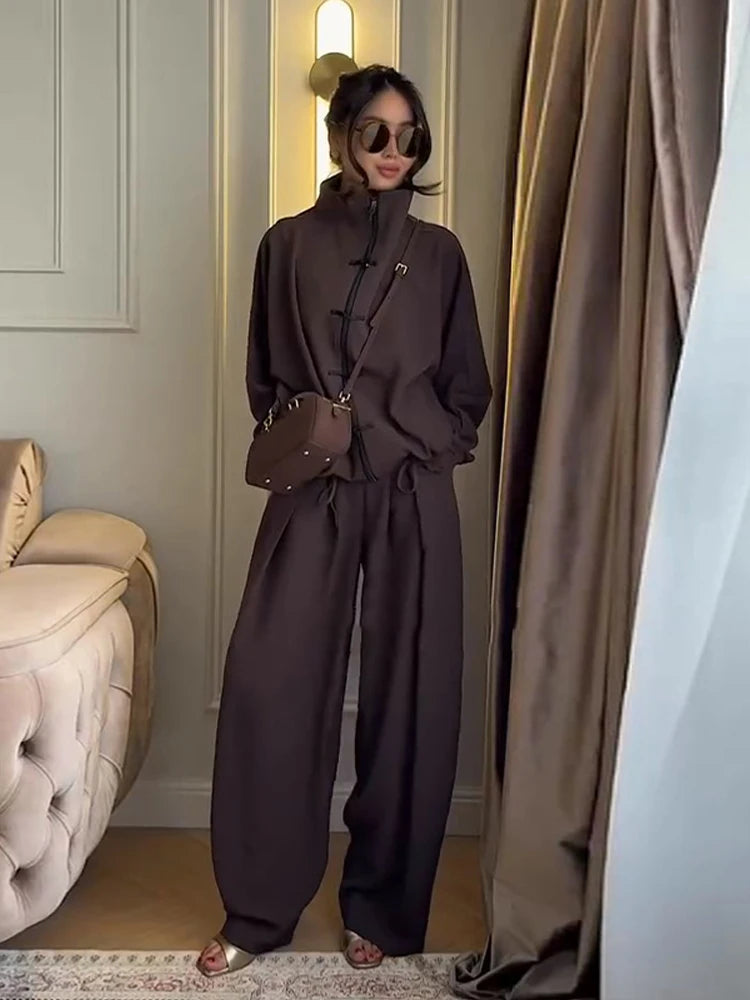 Casual Zipper Shirt Pants Suit Women Solid Button Stand Collar Drawstring Shirts Loose High Waist Trousers 2026 Spring Set Lady