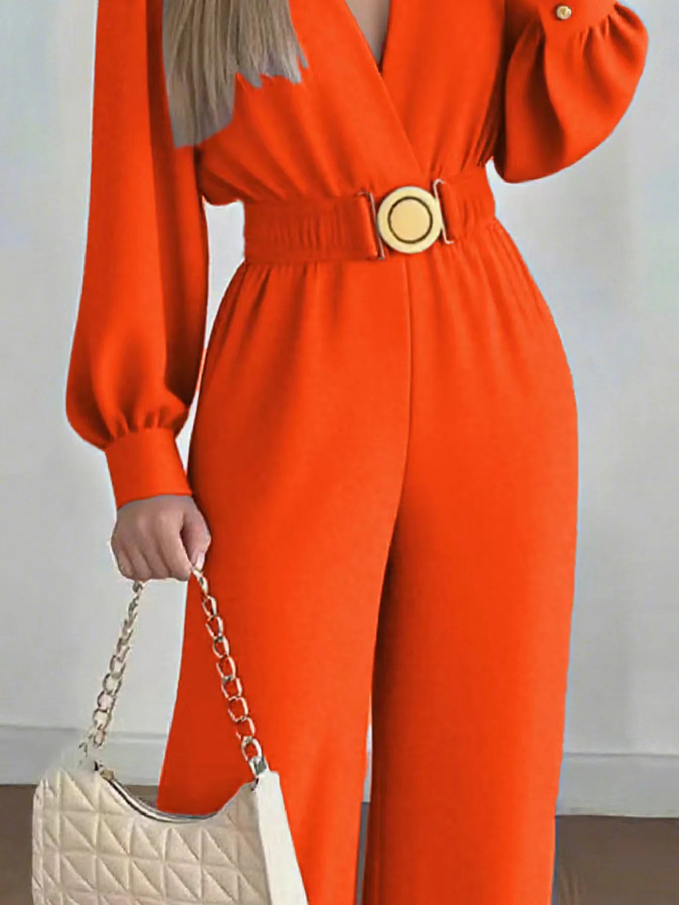 V Neck Solid Long Jumpsuits Fashion Commuting Belt Lace-Up Puff Sleeves Wide Legger Romper Casual Long Sleeve Women's Playsuit