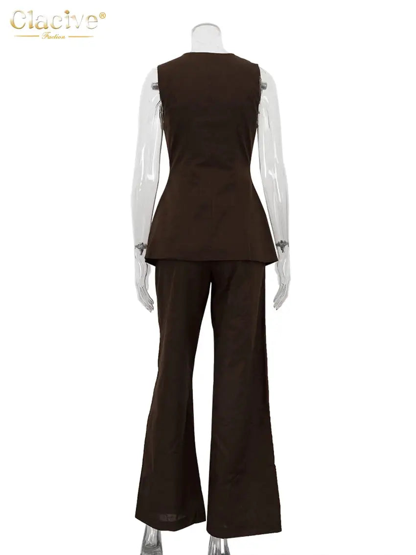 Clacive Summer Slim Brown Linen Pants Set 2 Piece Woman Fashion Sleeveless Tank Top With High Waist Wide Trousers Suits Female BAZAARHUBO