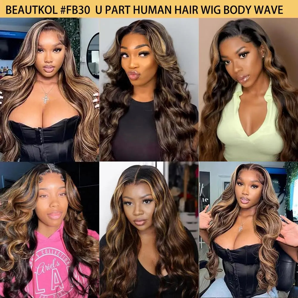 Ombre V Part Wig Human Hair Body Wave Upgrade U Part Human Hair Wig With Clips Black Wigs For Women 230% Density No Leave Out