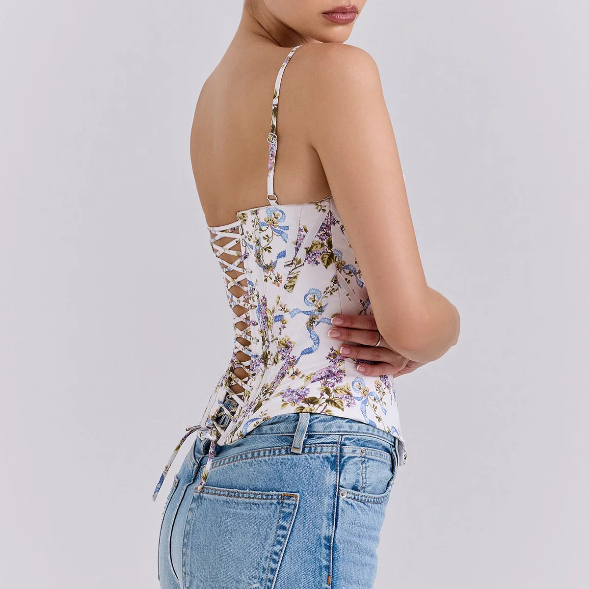 Suninheart Summer Corset Top Sexy 2025 Floral Print Camisole Vest for Women Backless Slim Fit Drawstring Top for Night Club