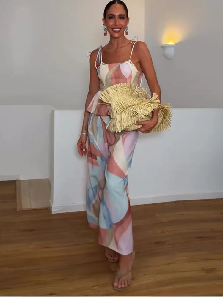 Pastel Print Cami Top Wide Leg Pants Set Ruffle Hem Sleeveless 2026 Summer Vacation Women Co-ord Set Chic Causal Lady Outfit