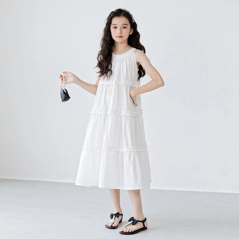 Fashion Korean Children's Clothes 2025 Elegant Dress For Girls Casual Dresses White Sleeveless Summer Dress Loose Girl Outfits