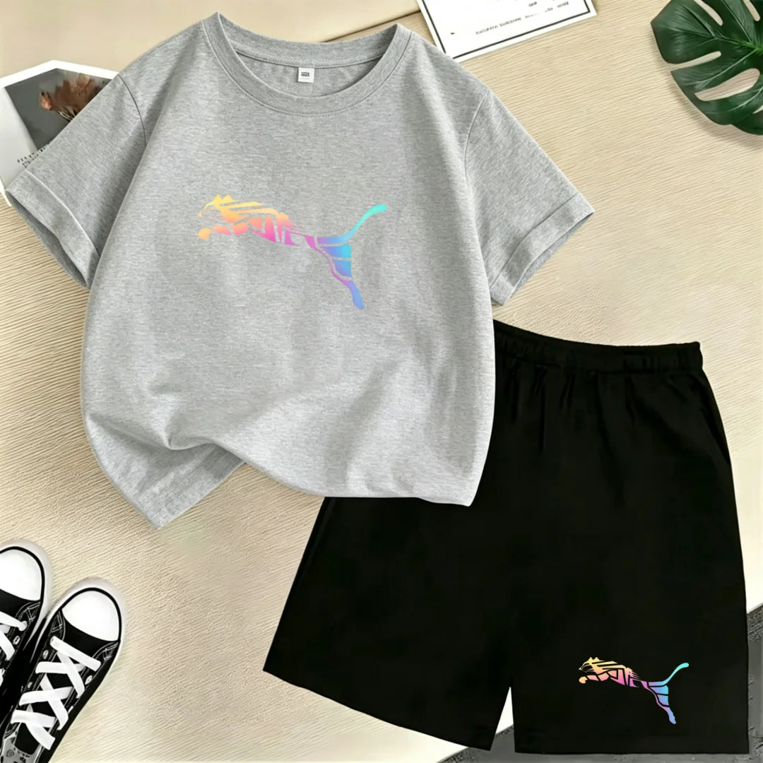 Kids Summer Casual Round Neck T-shirt Colorful Gradation Animals Boy Girl3-12Yrs Short-Sleeved+Shorts Fashion Sports Clothes Set