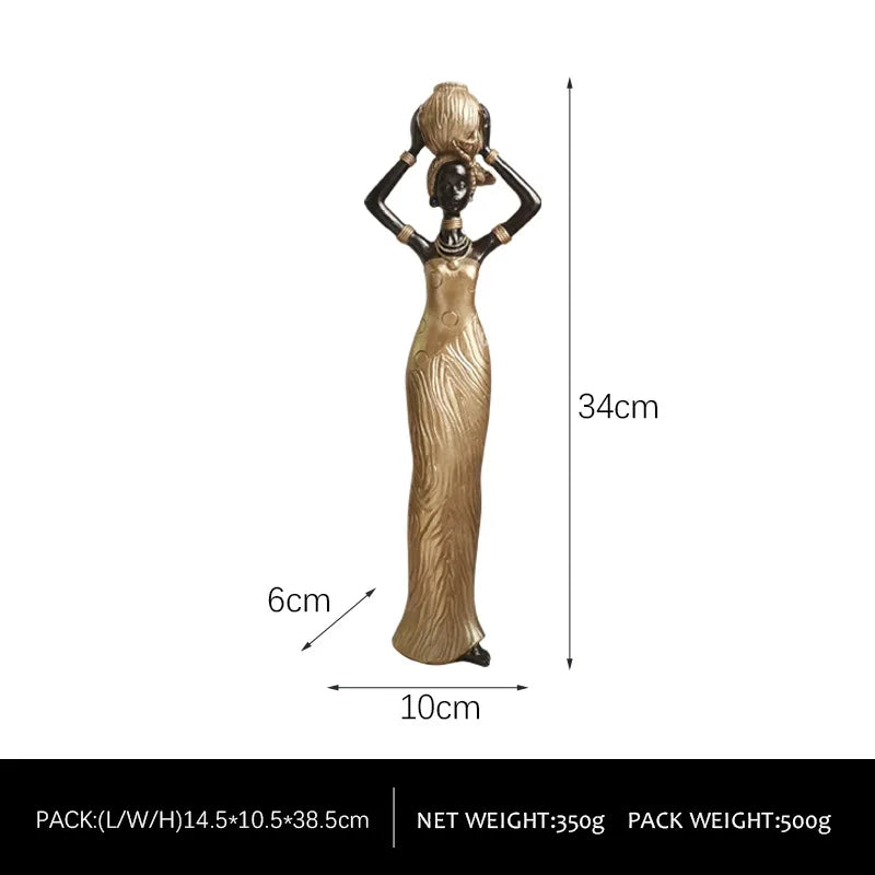 African Woman Statues Resin Tribal Lady Figurines Black Gold Home Decor Ethnic Ornaments for Living Room