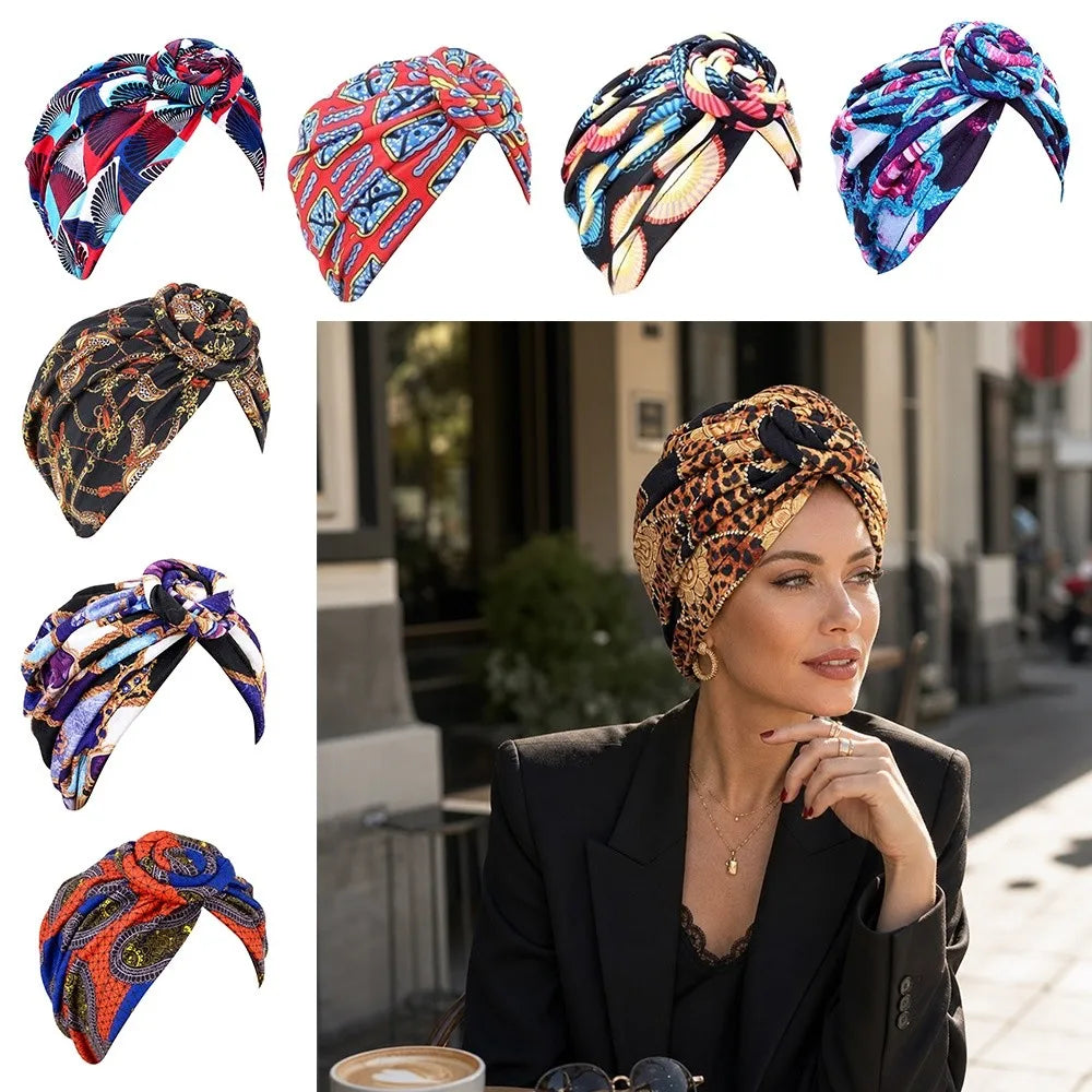 Fashion African Print Hijab Caps Pleated Wrap Twist Knot Turban Hat Elastic Knotted Style Floral Head Wrap All Match Decor