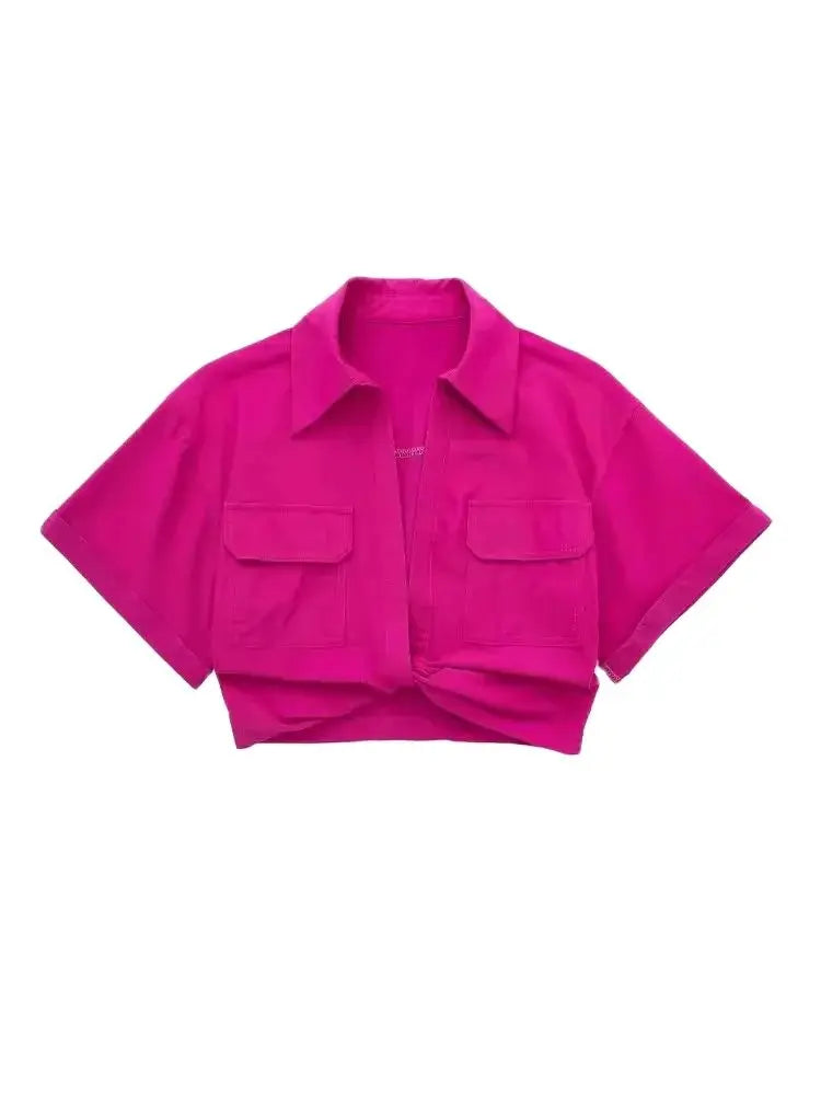 Women Fashion Front Knot Elastic Linen Cropped Shirts Vintage Short Sleeve Patch Pockets Female Blouses Blusa Chic Tops