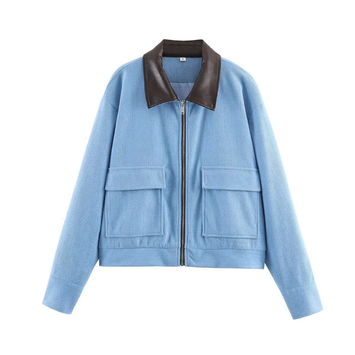 Women Pu Leather Collar Pink Cropped Jacket Corduroy Fashion Long Sleeve Zipper Coat 2026 New Lady Spring Chic Street Outwear