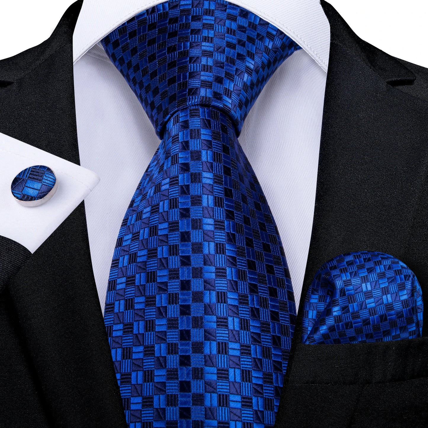 Royal Blue Paisley Plaid Striped Men tie Set with Handkerchief Cufflinks Wedding Prom Groom Accessories Perfect Gift for Men BAZAARHUBO