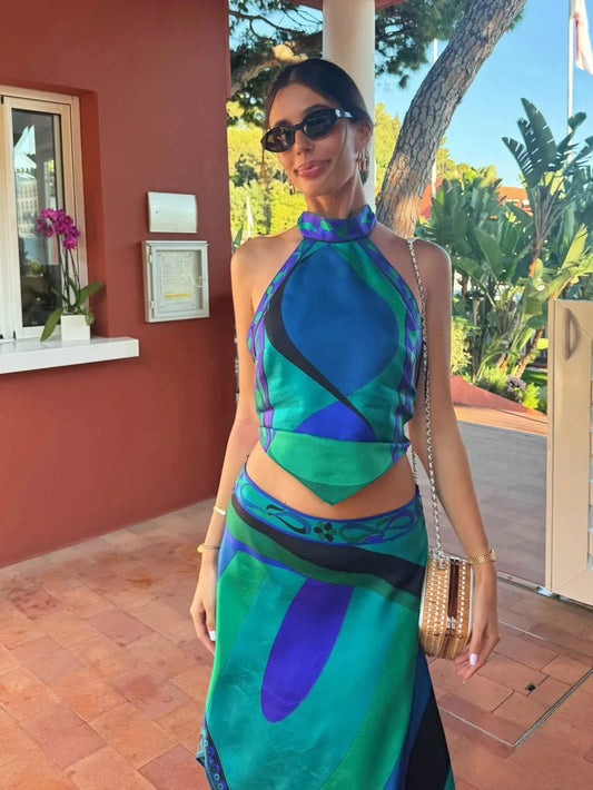 Print Two Piece Skirt New Sexy Halter Beach Dress Women Bra High Waist A-line Long Skirt Suit Summer Holiday Seaside Set U8VX